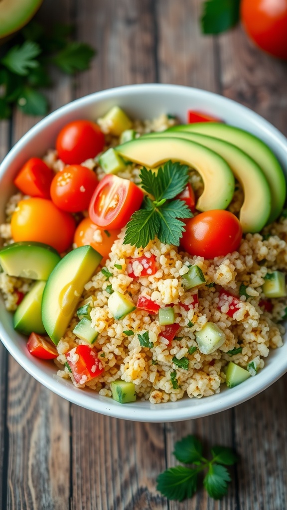 A bowl of herbed lemon quinoa salad with cherry tomatoes, cucumber, avocado, and fresh herbs on a wooden table.
